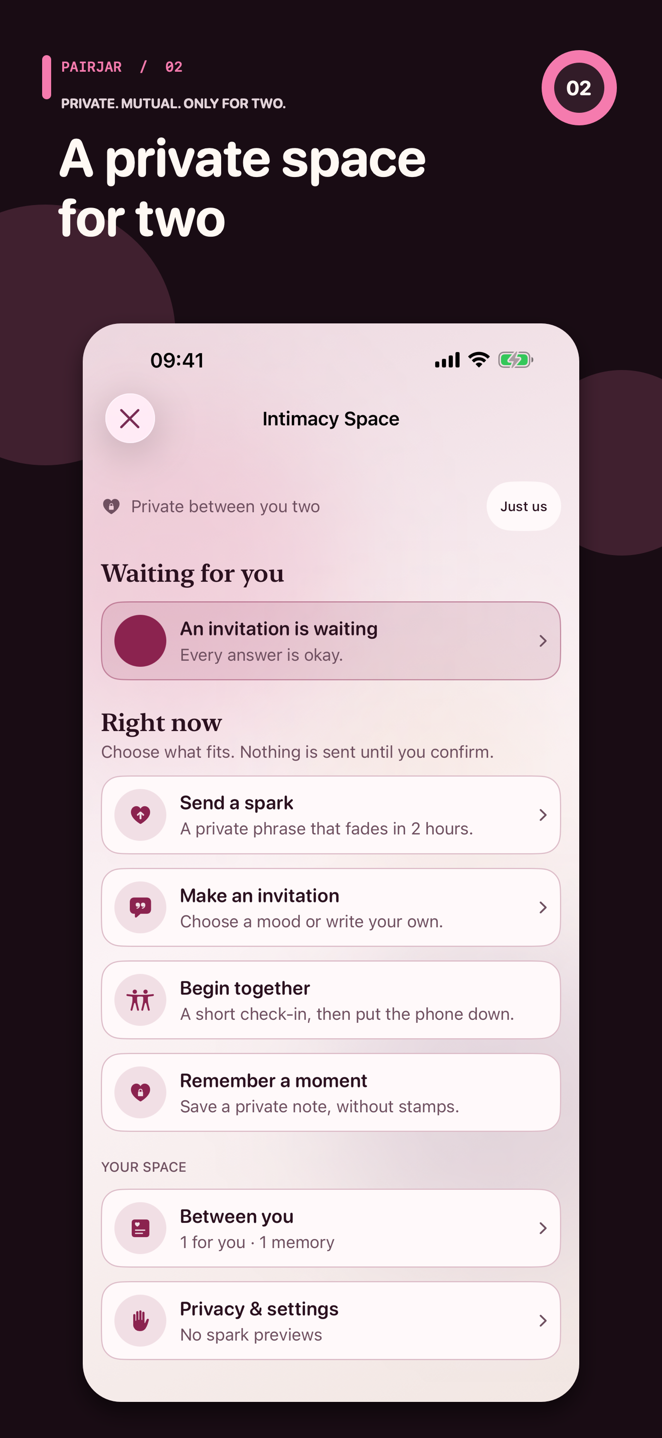 PairJar Intimacy Space overview with private moods and mutual controls